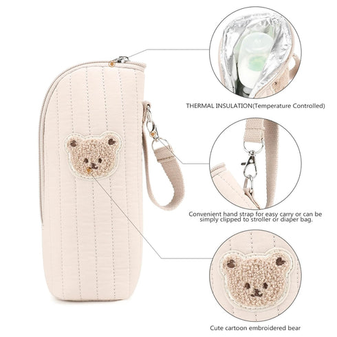Monetais Insulated Baby Bottle Bag with Adorable Bear Embroidery - Breastmilk Cooler Travel Bag for On-the-Go, Portable