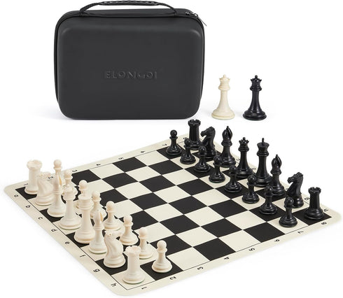 Tournament Portable Chess Set with 20" Silicone Board Mat, 4" King Plastic Weighted Pieces, 2 Extra Queens & Carrying