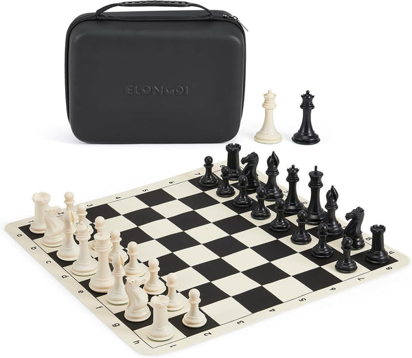 Tournament Portable Chess Set with 20" Silicone Board Mat, 4" King Plastic Weighted Pieces, 2 Extra Queens & Carrying