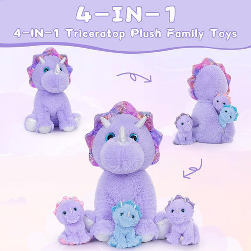 MaoGoLan 4 Pcs Purple Dinosaur Stuffed Animals Set, Plush Toys for Toddlers, Mummy Dinosaur with 3 Baby Triceratops