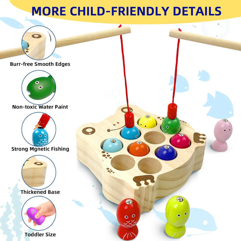 Wooden Magnetic Fishing Game - Montessori Sensory Busy Board for Toddlers 1-3, Educational Learning Toy