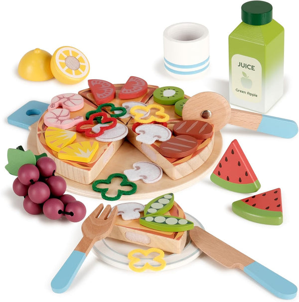 Wooden Pizza Toy, Wooden Food Toys for Toddlers 1-3, Wooden Play Food