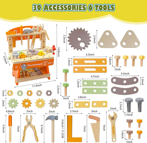 Kids Tool Bench with 39 Accessories, 6 Tools, Multi-Function Educational Workbench Gift for Boys, Girls Age 2-5