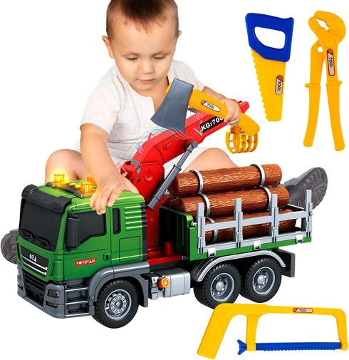 15 Inch Friction Powered Timber Truck Toy with Loading Crane, 6 Wooden