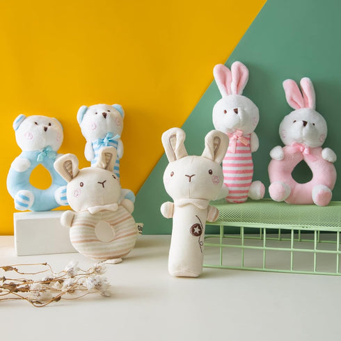 Plush Baby Rattle Toys, Pink Bunny Rattles for Infants, 2 PCS Soft Ring Rattle Sensory Toys for Newborns