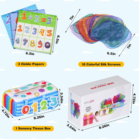 Baby Tissue Box Toy, Soft Montessori Crinkle Paper Sensory Silk Scarves for 6 to 12 Months