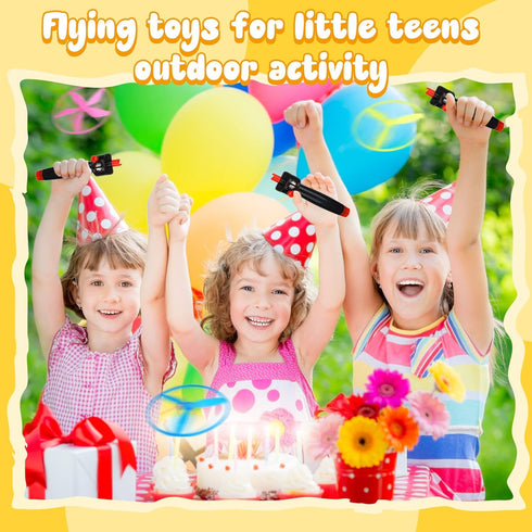 Flying Disc Helicopter Toy Disco Flyers, 12 String Launchers and 24 Flying Discs for Outdoor Fun