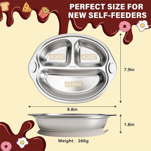 MR. CHOU Baby Plates with Suction - Stainless Steel Divided Toddler Plates, Compartment Suction Plate for High Chair