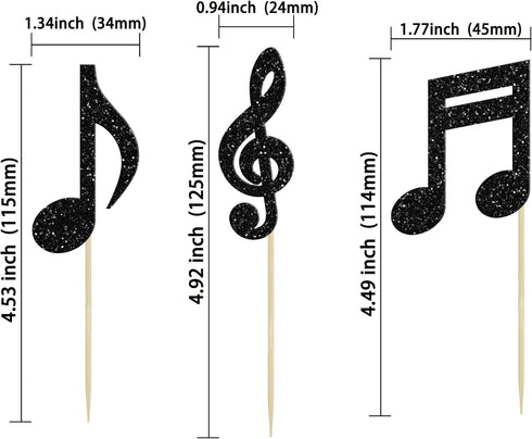 24Pcs Gyufise Music Notes Cupcake Toppers Black Glitter Musical Symbol Cupcake Picks for Rock Music Concert Theme Baby