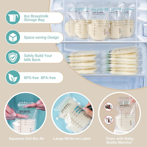 100 8Oz Pcs Breastmilk Storage Bags, Breast Milk Storing Bag with Pour Spout, Temperature-Sensing Color Change Milk Bag