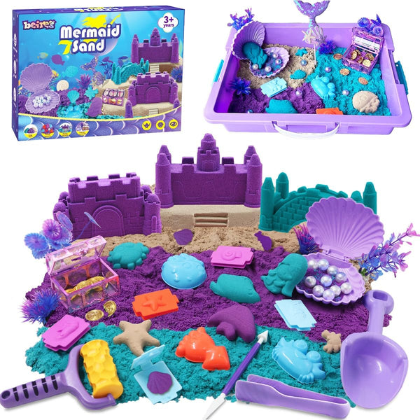 Mermaid Sensory Bin Kit - 60Pcs Sensory Sand Set with 2lbs (Purple/Teal/Beach),