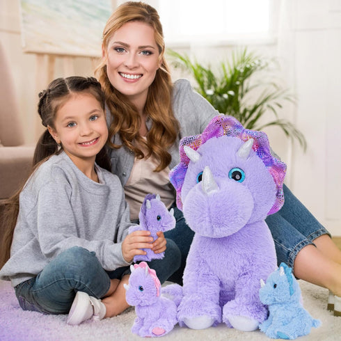 MaoGoLan 4 Pcs Purple Dinosaur Stuffed Animals Set, Plush Toys for Toddlers, Mummy Dinosaur with 3 Baby Triceratops