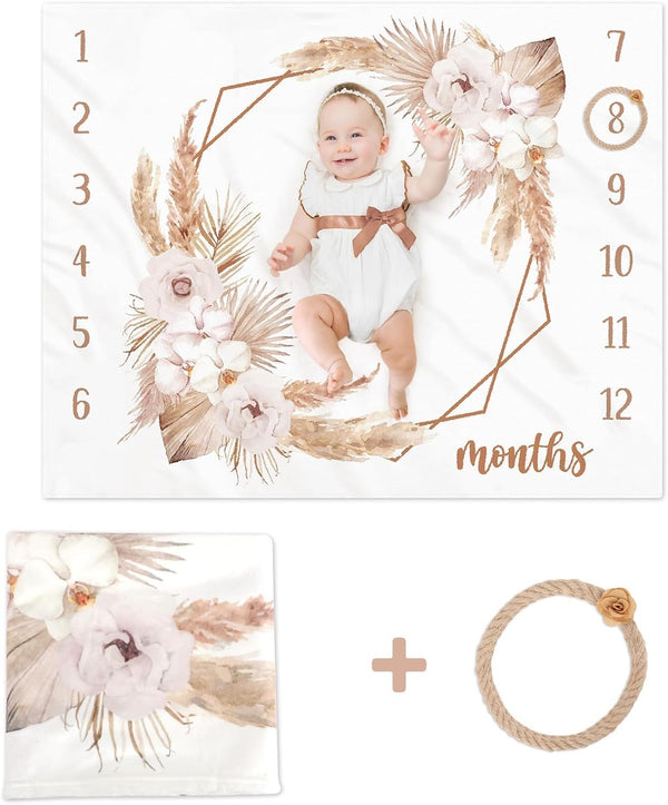Boho Baby Milestone Monthly Blanket, Spring Floral Neutral Growth Photo Props for Little Boy Girl