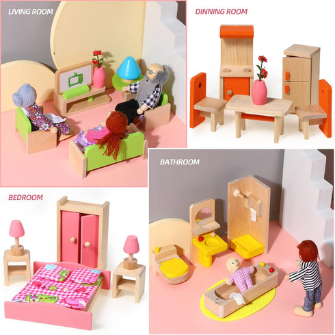 Civaner 52 Pcs Wooden Dollhouse Furniture Set - Miniature Doll House Accessories for 1:12 Scale Dolls