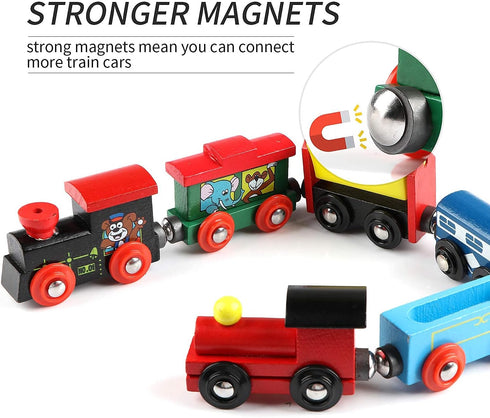 Wondertoys Wooden Train Cars - 12 PCS Magnetic Train Set with 3 Engines and Storage Bag for Toddlers