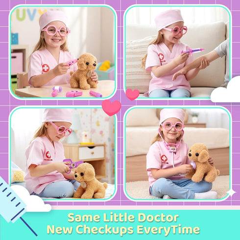Set 3 4 5 6 Meland Toy Doctor Kit for Girls, Pretend Play Toy Doctor with Dog , Carrying Bag, Stethoscope & Dress Up