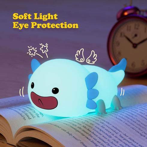 UNEEDE Blue Axolotl Night Light for Kids, Animal Silicone Nursery Lamp, Rechargeable Table Lamp for Bedroom Decor