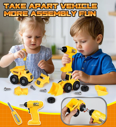 2-in-1 Toolbox 3-5, Lehoo Castle Kids Tool Bench with Electric Drill and Construction Vehicles, Workbench