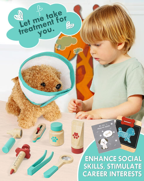 3-5 Set Lehoo Castle Wooden Doctor Kit for Toddlers Girls Toys, Vet Toys for Kids, Pretend Play Doctor with Puppy