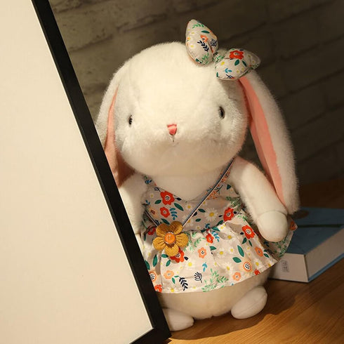 Soft and Cute Plush Rabbit, Small Flower Skirt Wearing Bow Rabbit Toys, Washable Stuffed Animal Rabbit for Children's
