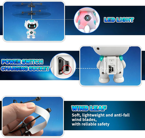 6-8 9 10 11 12+ Flying Robot Toys for Kids, Flying Ball Hand Operated Drones with LED Light Indoor Rechargeable Mini
