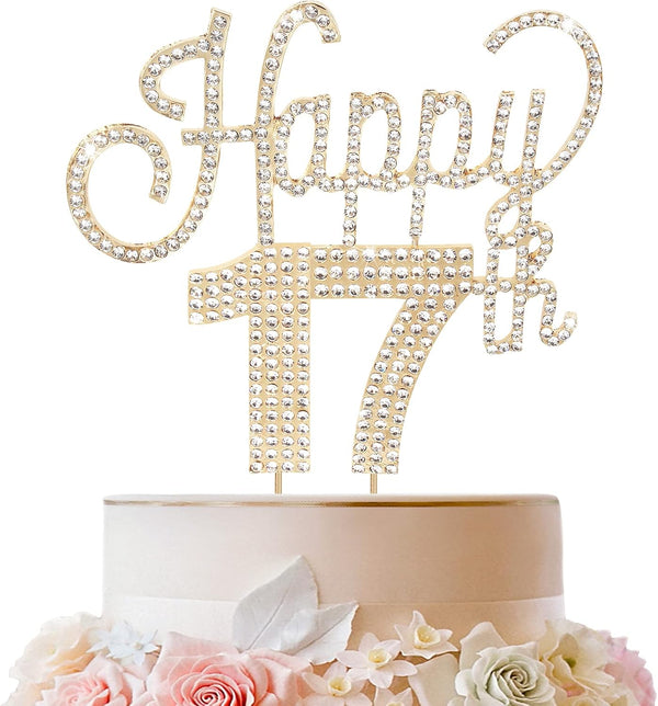 LINGTEER Happy 17th Birthday Gold Rhinestone Cake Topper - Cheers to 17th Birthday Party Centerpieces Decorations