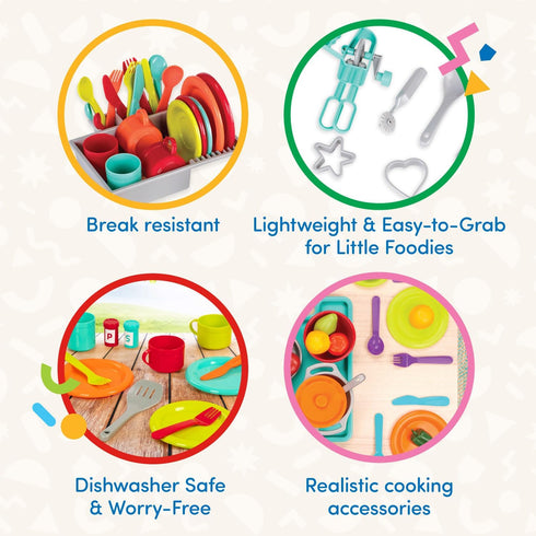 Battat Deluxe Kitchen Playset – 71Pc Pretend Cooking Accessories – 4 Table Settings & Cutlery – Dishwasher Safe