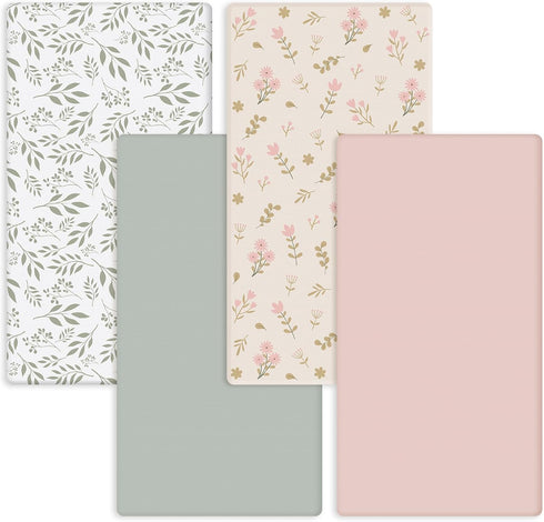Hahafelt 4 Pack Boho Crib Sheets Pink Floral Green Leaf Designs Baby Fitted