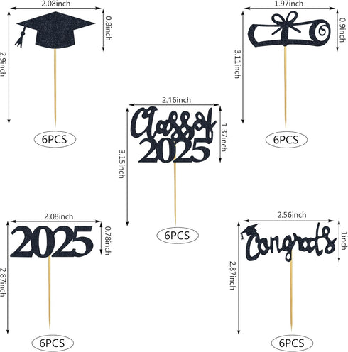 30 PCS Graduation Cupcake Toppers 2025, Grad Cap Cake Toppers, Food Picks for Party Supplies & Favors, 5 Styles