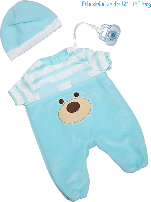 JC Toys |Blue Bear Onesie | Baby Doll Outfit + Hat + Pacifier | | Ages 2+ | Fits Dolls 12"- 14"