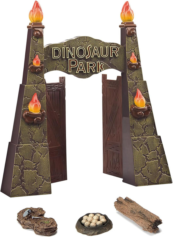 12inches Realistic Dinosaur Park Gate with Log, Nest of Eggs, Stone, Great