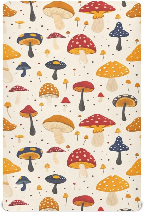 KICPOAY Fitted Crib Sheets Red Yellow Mushrooms White Stretchy Portable Playard Sheets for