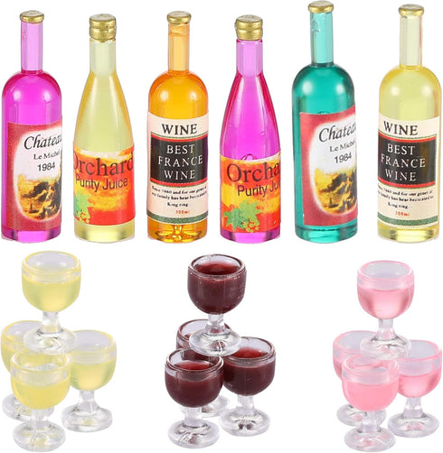 Sumind 18 Pieces Dollhouse Wine Bottles, Miniature Glass Goblet Cups, Red Wine Style Kitchen Accessories for Dollhouse