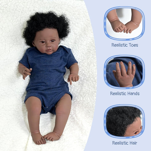 GYCV 20 Inch Lifelike Black Reborn Baby Dolls Boy Realistic Newborn Doll Brown Skin African American Baby Doll Curly