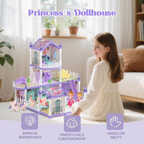 randhar 9 2 4 3+ Lilac Purple Doll House for Girls, Dream Dollhouse Rooms with Dolls, Unicons,Lights, Furniture