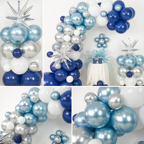 Blue Silver Balloon Arch Kit, Navy Blue Silver White Balloon Garland with Metallic Light blue silver Balloons Star Foil