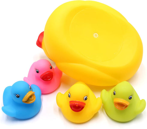 Floating Rubber Duckies Bath Play Set - 5 Pieces with 1 Jumbo Mama Ducky and 4 Baby Ducks (4 Colors)