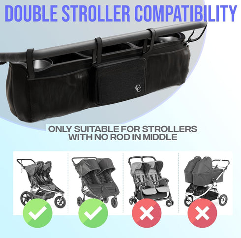 Cozee & Co. GT2 Double Stroller Organizer for Bob Duallie and Baby Jogger City Mini - Double Parent Stroller Caddy