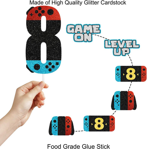 Teen Video Game Unlock Level UP 8 Happy Birthday Cake Topper 7 - PC Set - Perfect Video Game Birthday Party Decorations