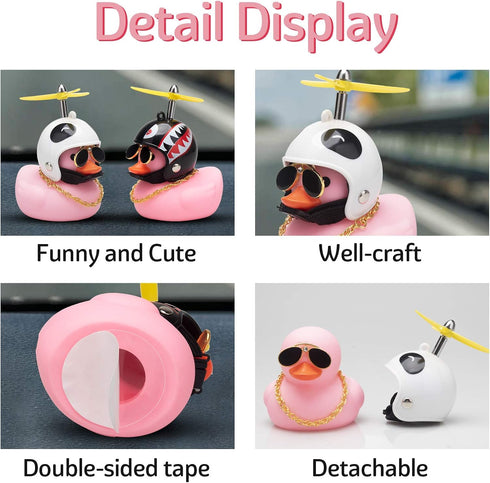 wonuu Pink Duck Car Dashboard Decorations Rubber Duck Car Ornaments with Propeller Helmet Sunglasses Gold Chain