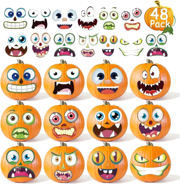 Halloween Pumpkin Decorating Craft Stickers, 48 Pack Mini Face Stickers for Kids Toddlers Treats Party Favors