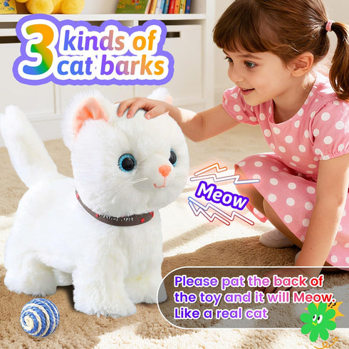 Marsjoy Set White Leash Walking Cat Singing That Purrs and Meows Animated Plush Robot Kitten Pet Moving Plush Realistic