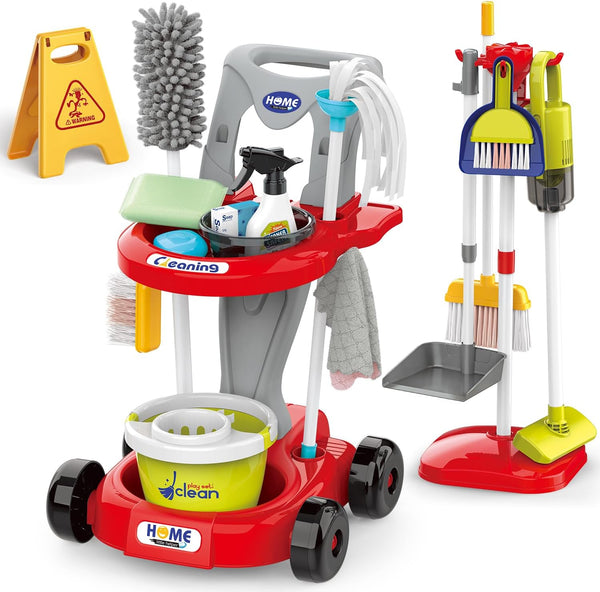 Toddler Cleaning Set | New 29-Piece Detachable Kids Cleaning Toy Set for Pretend Play Educational Cleaning Carts (Red)