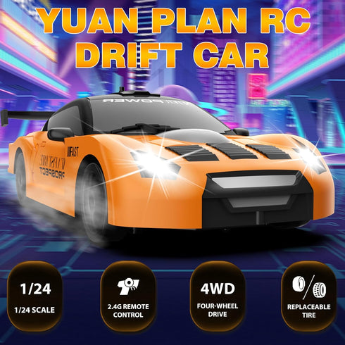1/24 2.4GHz 4WD RC Drift Car Remote Control Car High Speed Drifting RC Cars with LED Light, Two Batteries and Drift