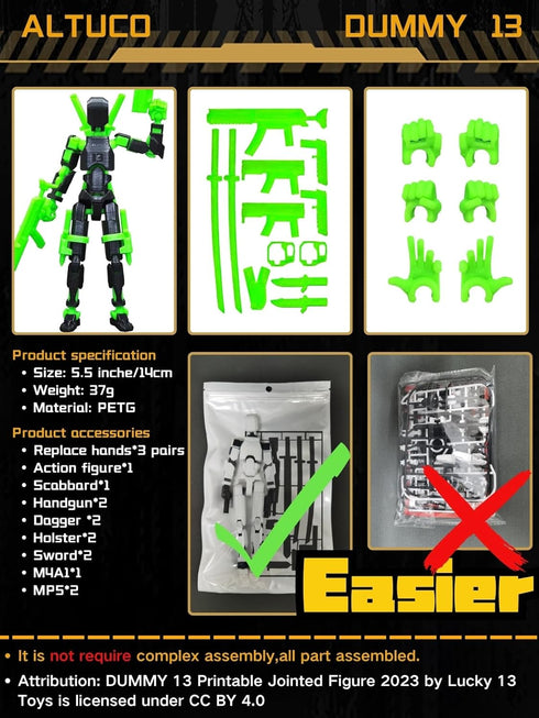 (Assembly Completed) 5.5 Inch 3D Printed T13 Action Figure with Multiple Accessories, Multi-Jointed Movable Black Dummy