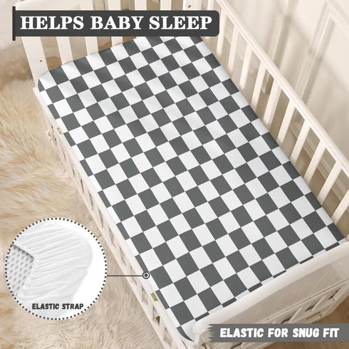 JIANADAER 28"x52", Checkered Fitted Crib Sheet Grey and White Plaid Geometric Gingham Standard Crib Mattress Fitted