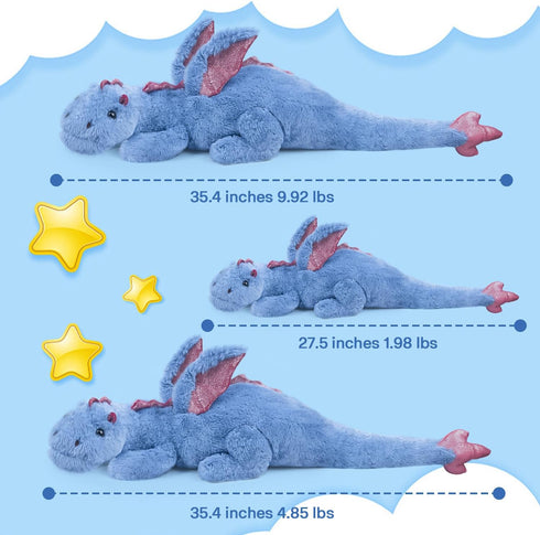 5Lbs 35.4", Weighted Stuffed Animal Heavy Soft Dragon Plush Toy, Blue Weighted Dragon Stuffed Animal for Kids