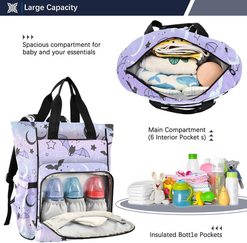 Jihqo Backpack 10L Diaper Bag Cute Bats Starry Sky Travel Diaper Bags for Women, Functional Baby Changing Bag