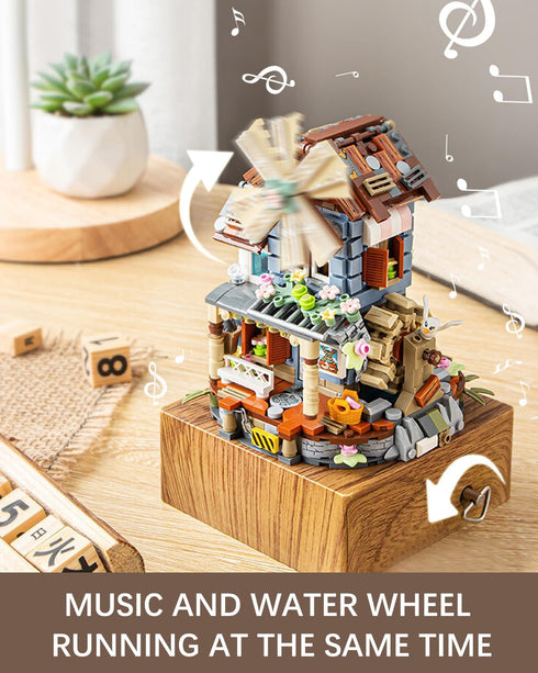 Music Box Building Blocks Set: Japanese Street View Windmill House Creative Model for Adults