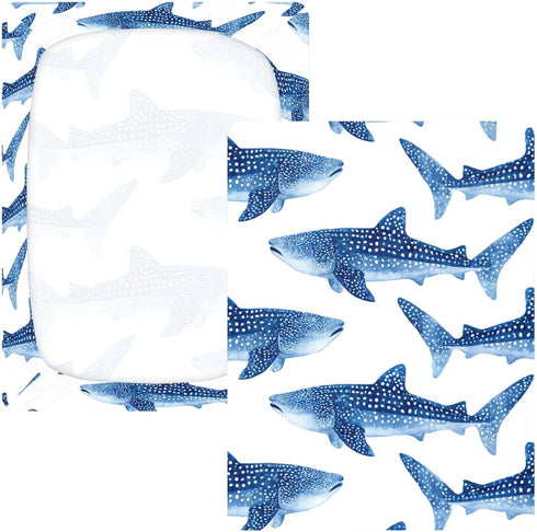 Mazeann 52" 28" 9" Ocean Whale Sharks White Crib Sheets Soft Breathable Fitted Cotton Baby Crib Sheets Mattress Cover